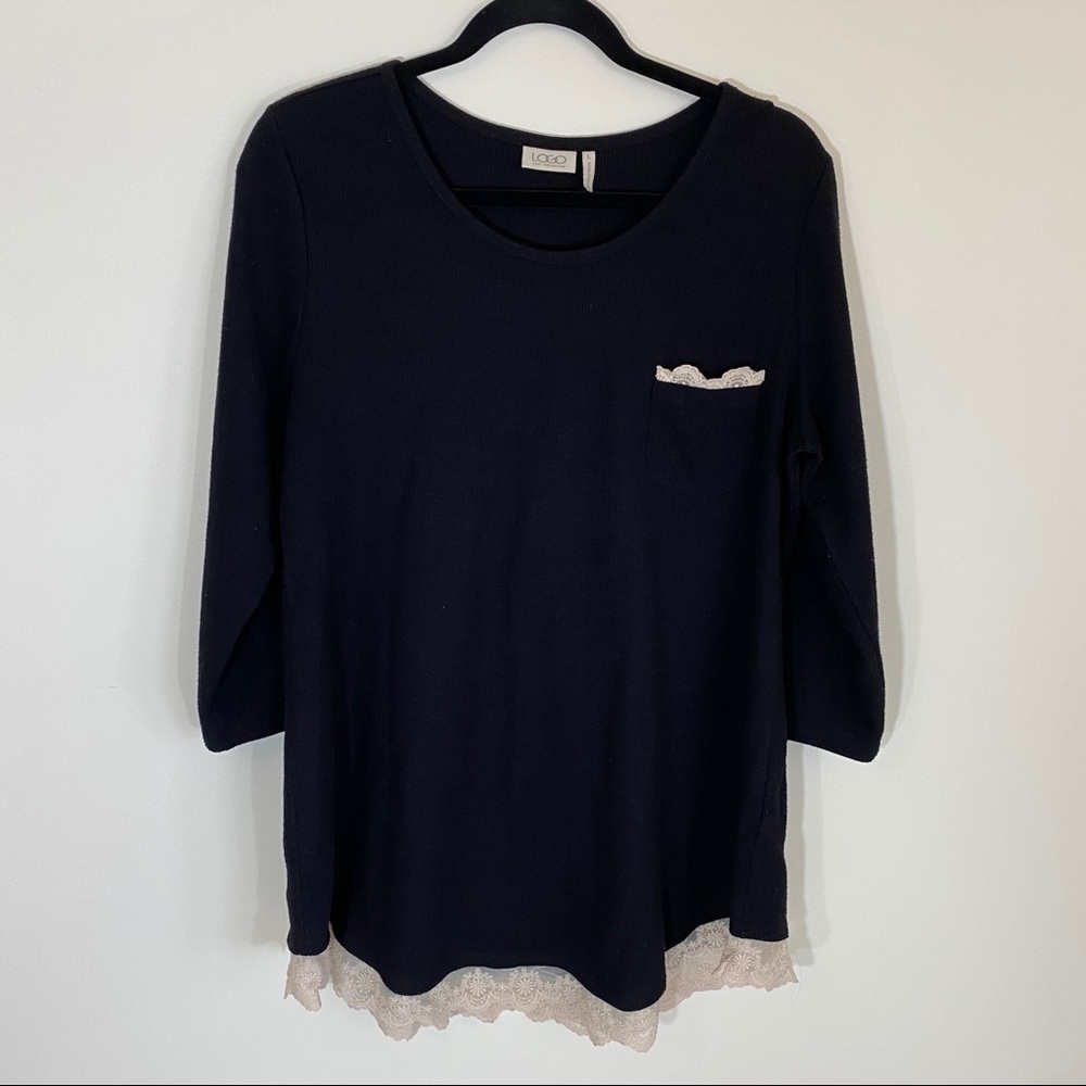 LOGO by Lori Goldstein Black Waffle Tunic Shirt L